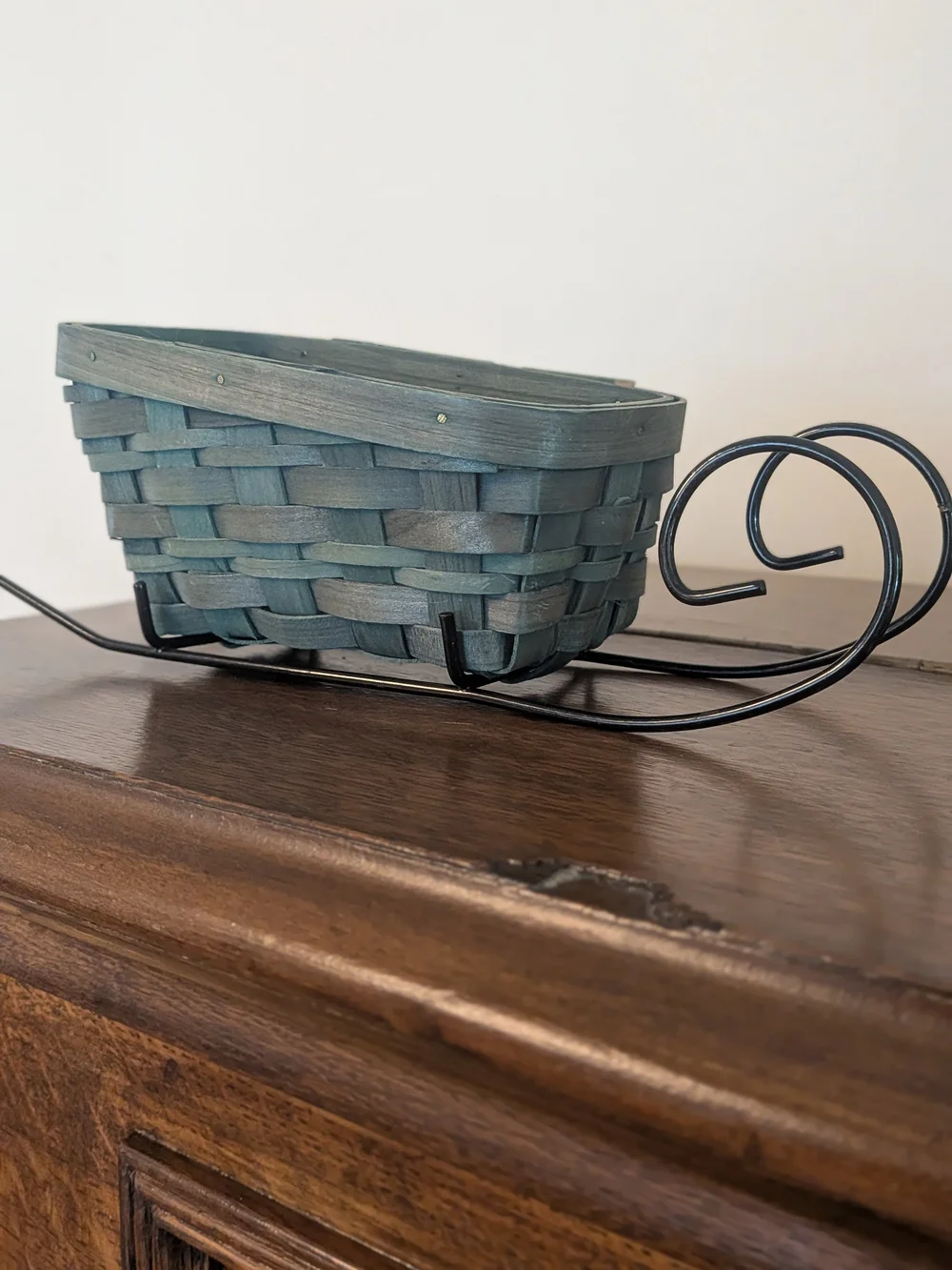 Woven Wood Sleigh Basket Black Metal Runners Holiday Decor